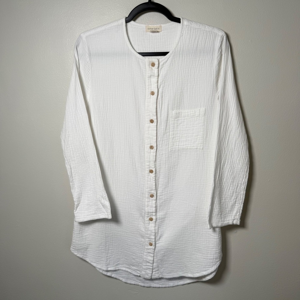 Sister Katie White Organic Cotton Gauze Button Down Tunic Top Size M Staple - Picture 7 of 10